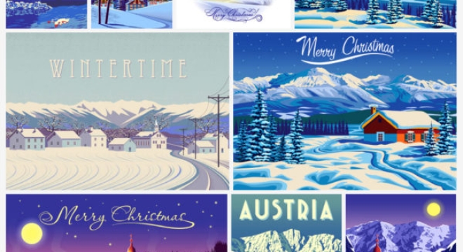 Vintage-Inspired Travel Vector Graphics of Mountains & Winter Landscapes
